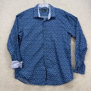 Quieti Shirt Men XL Blue Floral Rose Paisley Flip Cuff Long Sleeve Dress Oxford